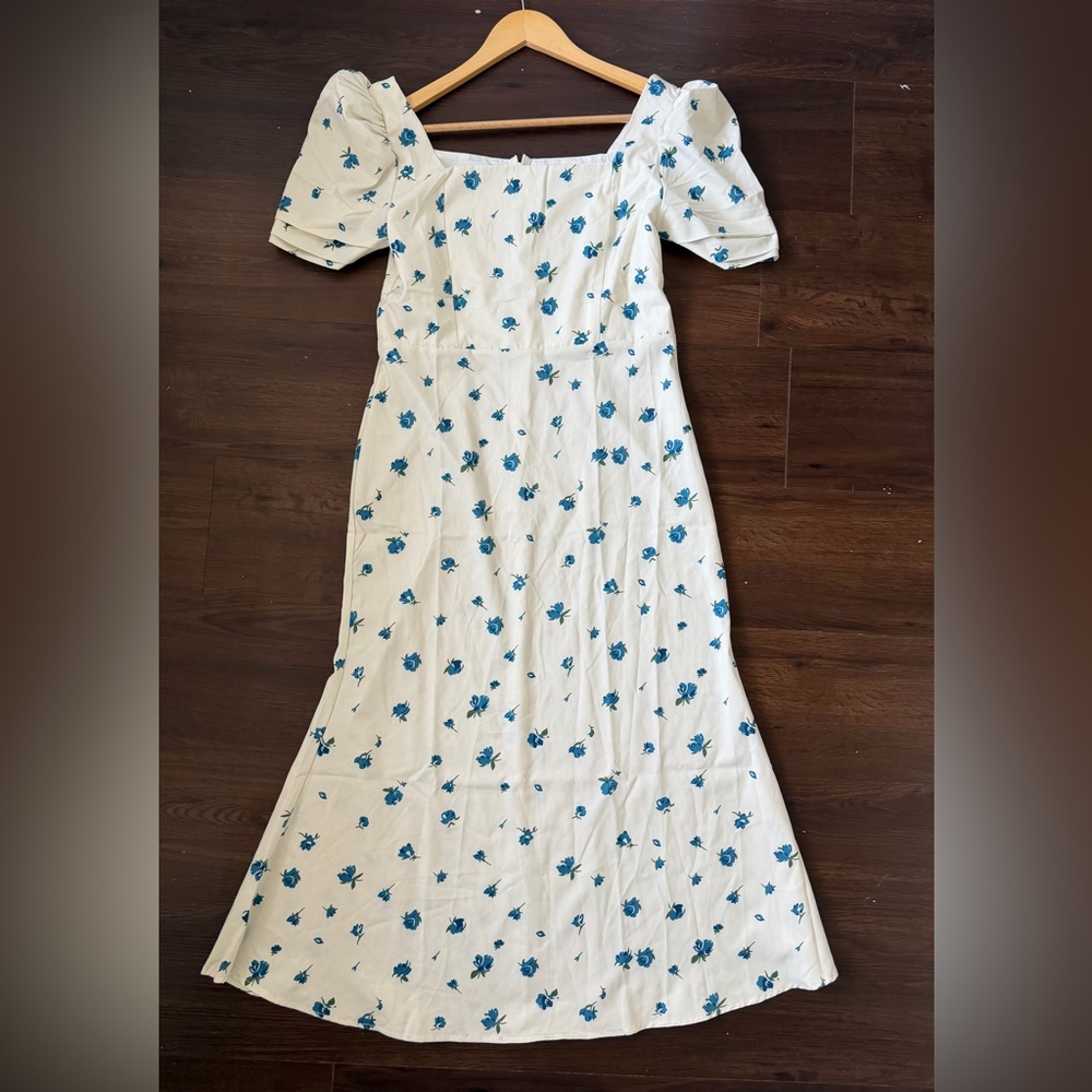 White Floral Midi Dress with Blue Rose Print